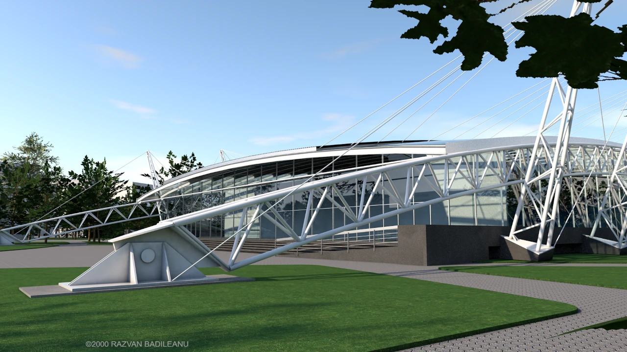 A4 Sports Hall project - detail of the external cable stayed metal structure and ground anchoring joint