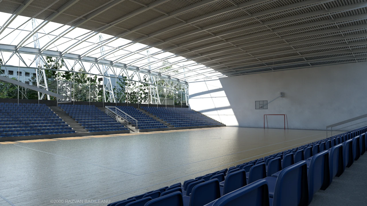 A4 Sports Hall interior design - render of the playing court, blue seat stands and roof skylight