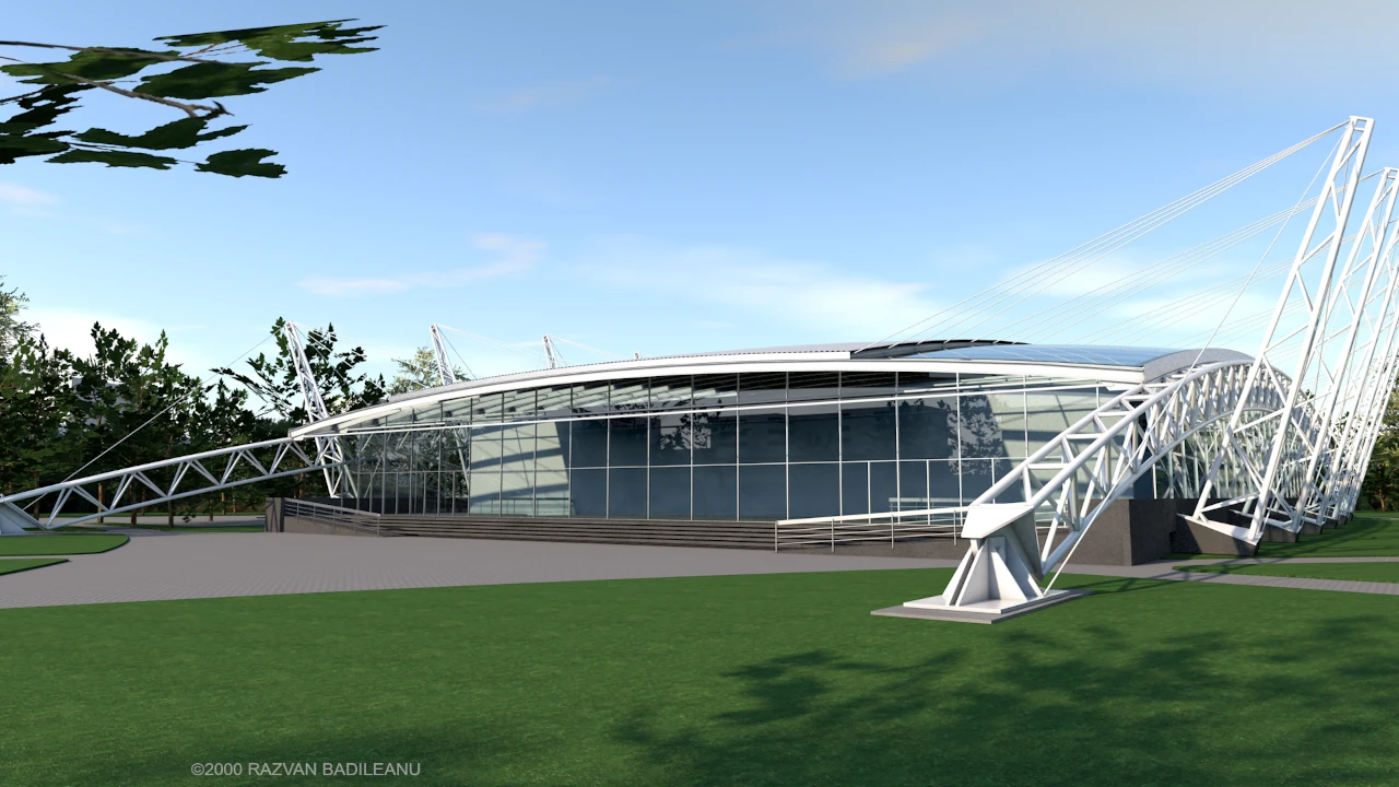 A4 Sports Hall 3D model - front view featuring the glass facade and main access area