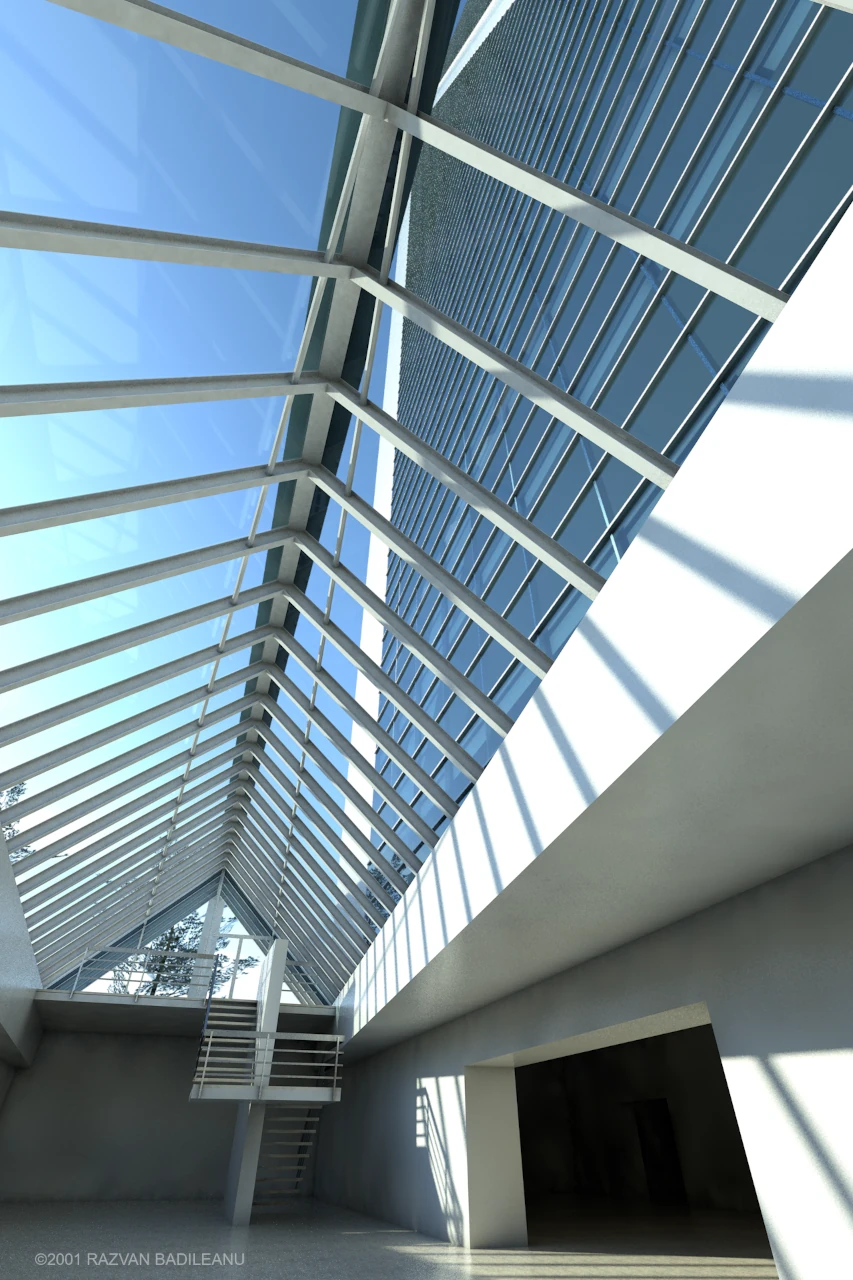 Design interior Turn de birouri A5 - vedere din zona accesului secundar spre restaurant cu luminator din sticla