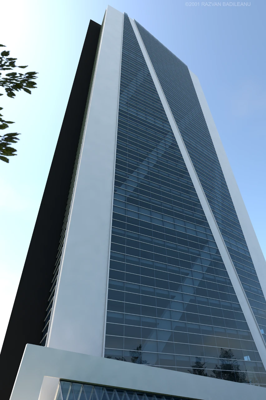 Arhitectura turn de birouri 28 niveluri - vedere de profil cu detaliul fatadei laterale