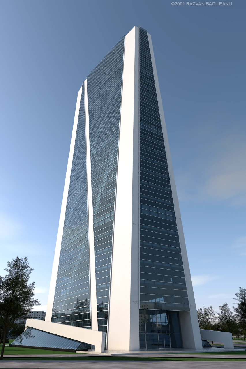 Modelare 3D Turn de birouri A5 - vedere din strada cu perspectiva generala a cladirii