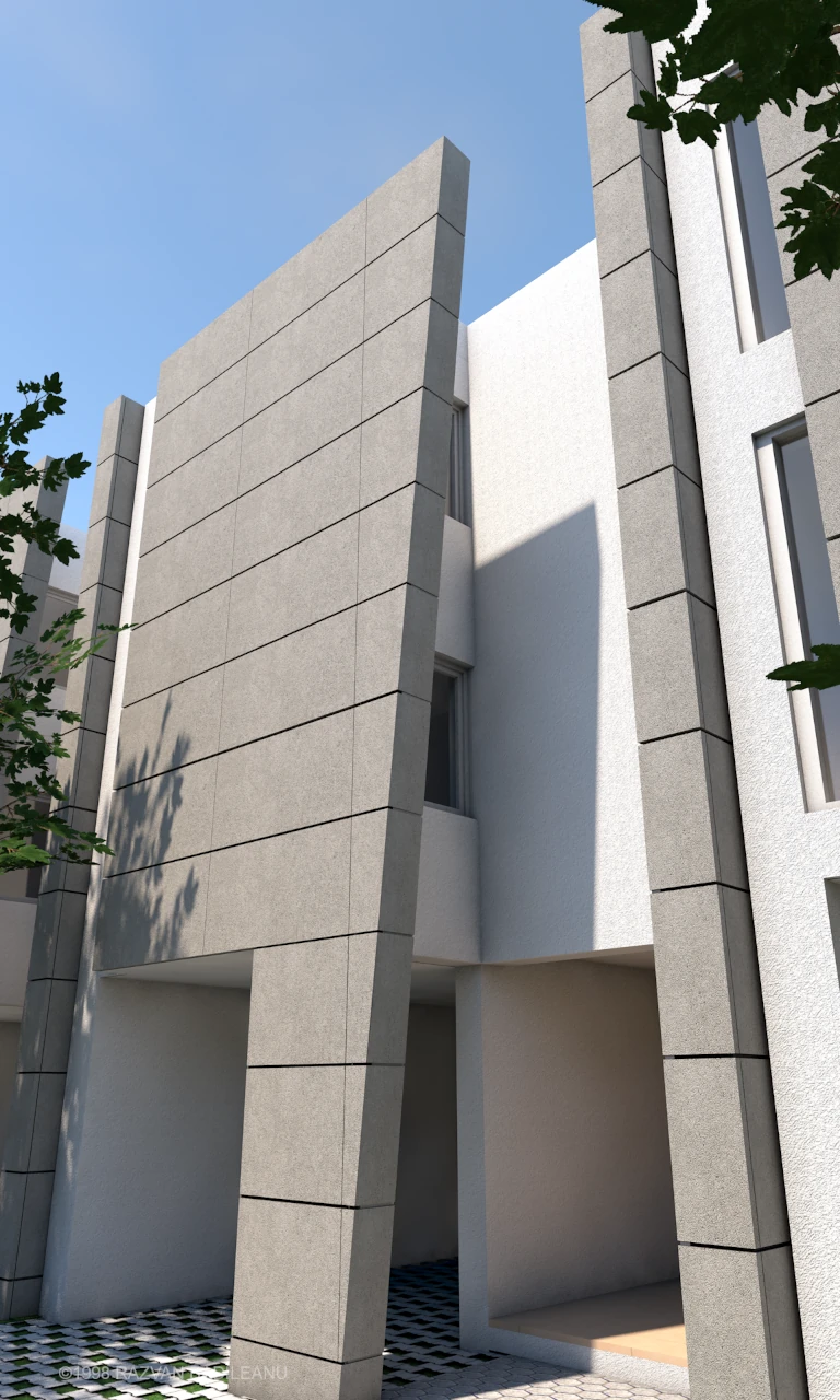 Black Sea House terraced house concept - view of the main building access and garage