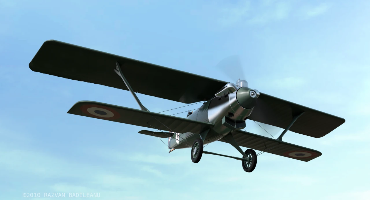 3D reconstruction of historic Breguet 19 aircraft in flight - view from below, sesquiplane wing layout and lower fuselage details