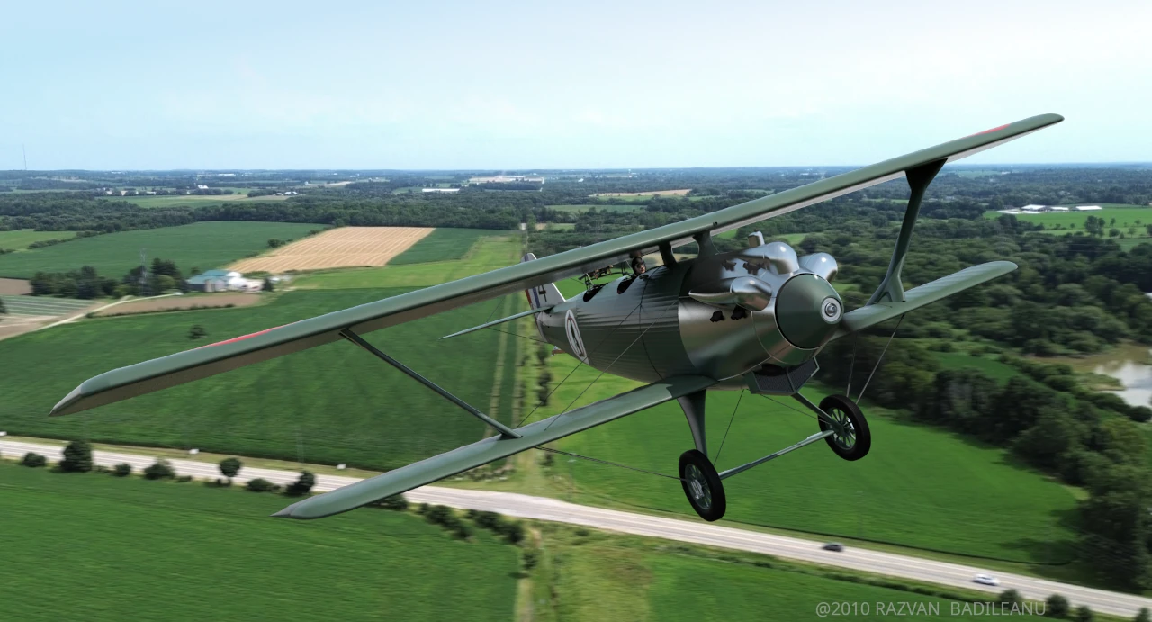 Front left view of the Breguet 19 biplane in flight, showing its twin-wing structure and visible front engine.
