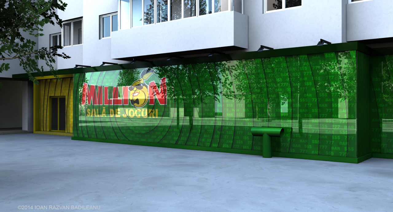 Vedere din profil drept cu vitrina modulara verde pentru proiectul Cazinou (Fatada Million)