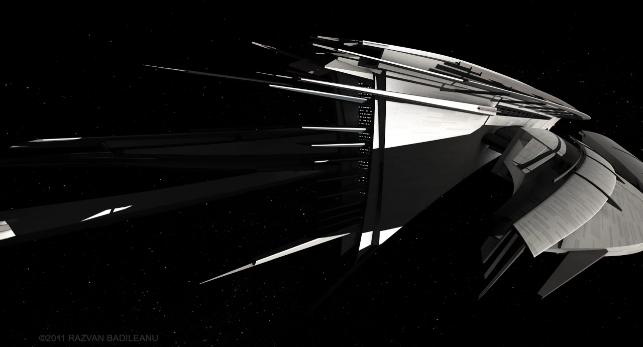 Concept nava spatiala SF Endeavor - vedere din fata, detalii module si zone luminate
