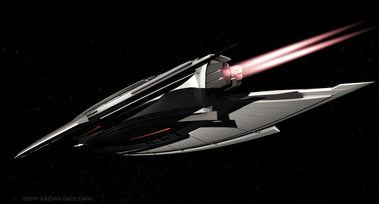 Randare SF nava de transport planetar Endeavor - vedere din spate, detalii propulsoare si masivitate