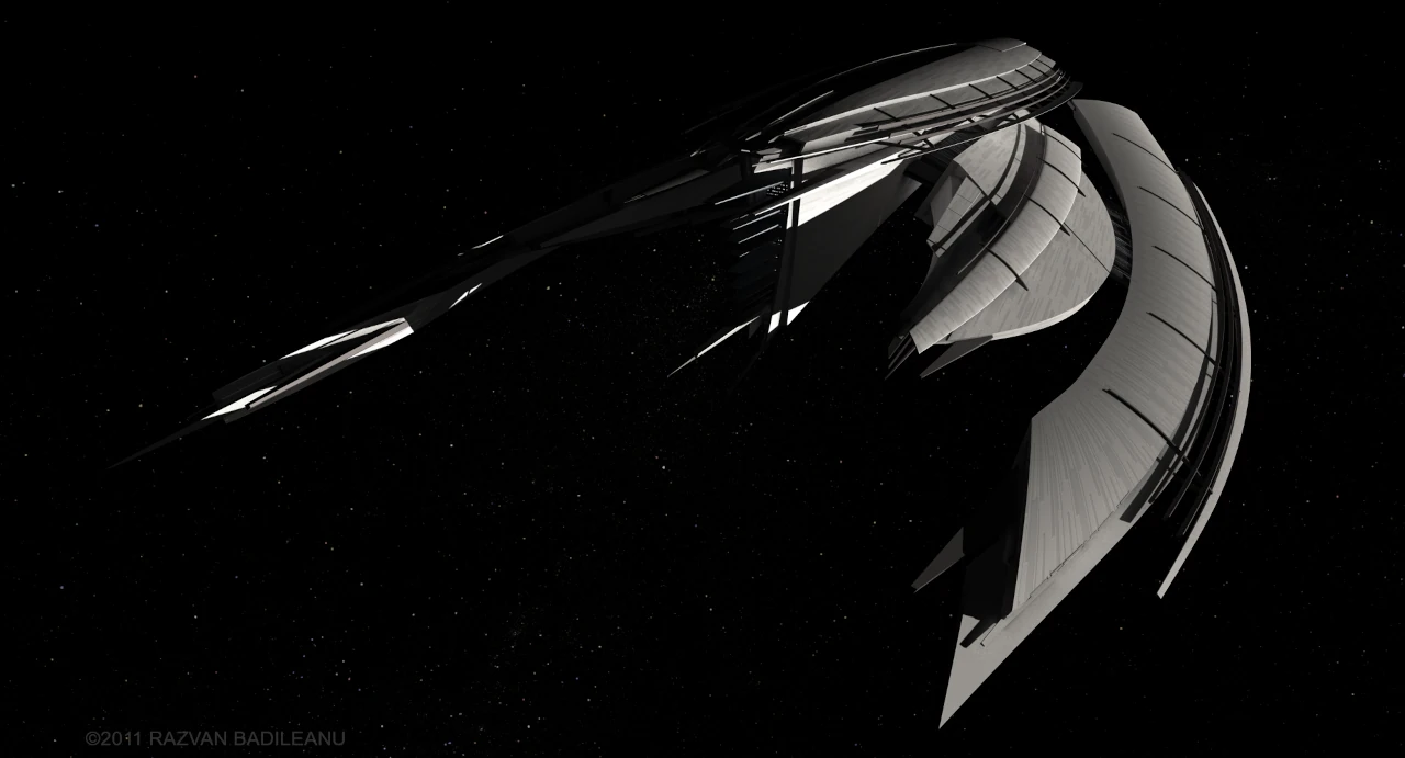Vedere generala a modelului 3D al navei spatiale Endeavor