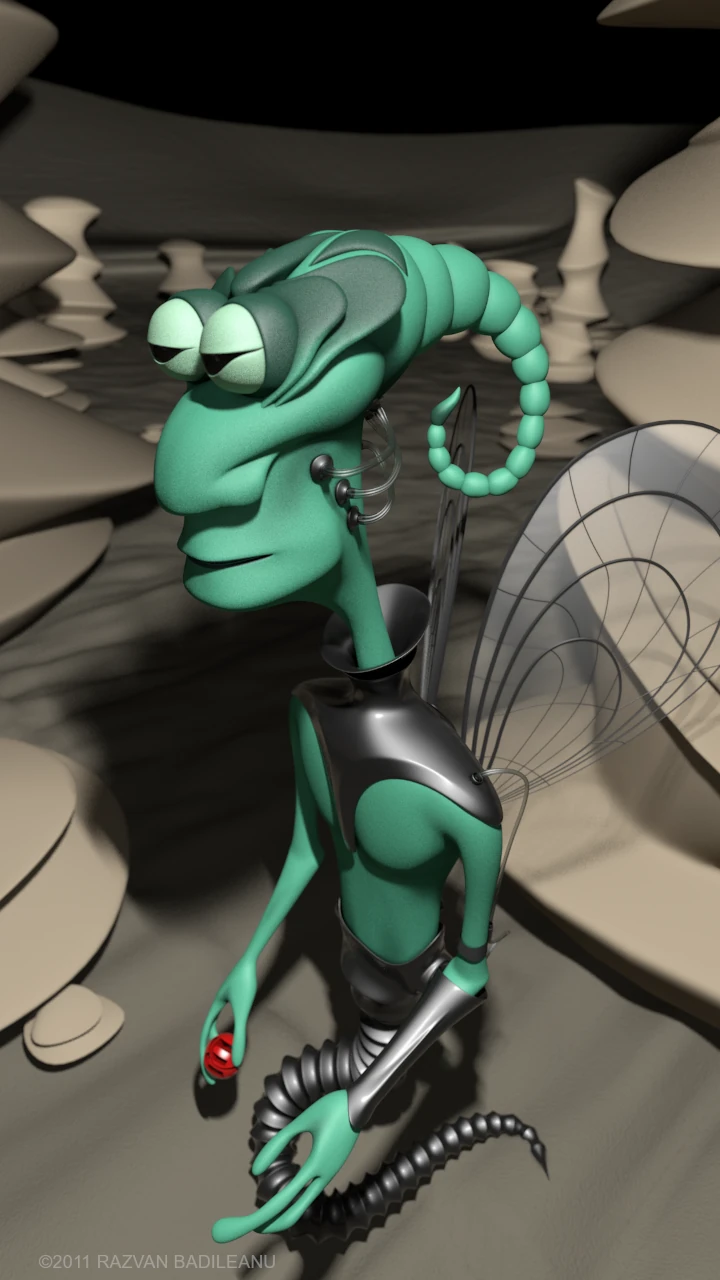 Vedere frontala a personajului cibernetic Extraganzosu - concept SF cu inspiratie entomologica