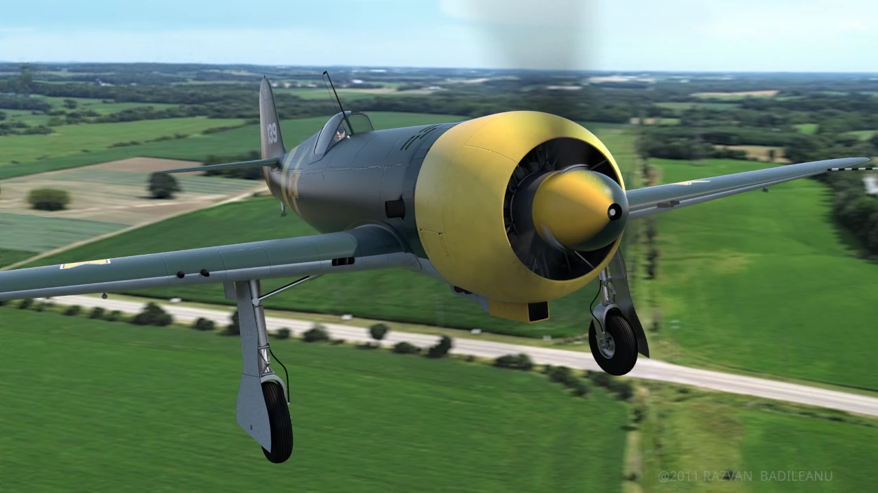 Historic IAR 80 aircraft 3D modeling - front view, propeller and landing gear geometry