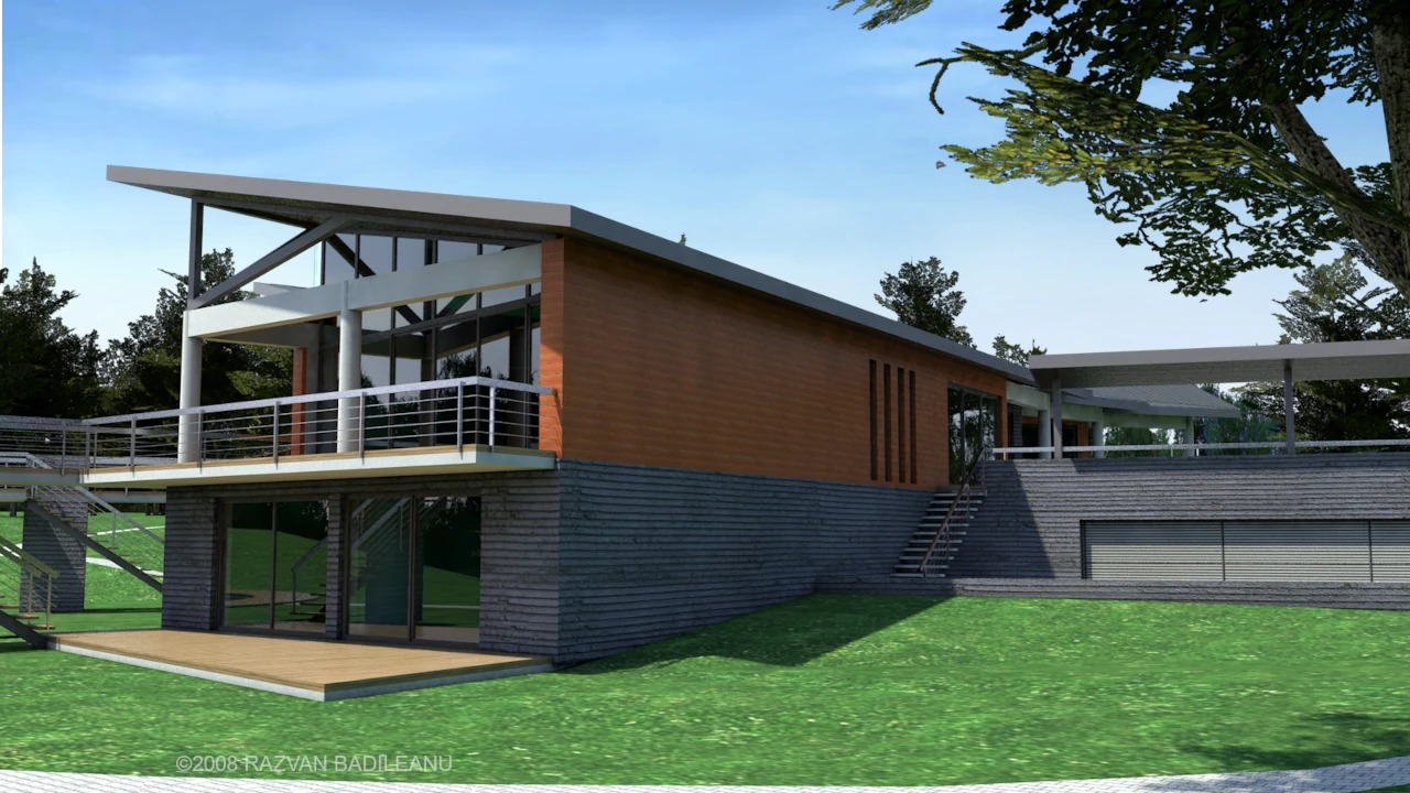 Proiectul Casa lacului - vedere exterioara cu rampa de acces la garaj