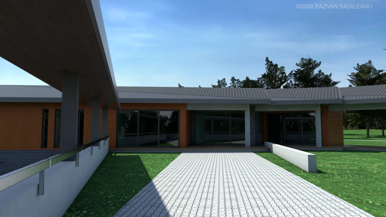 Vedere la nivelul solului, cu aleea pavată și zona principală de acces a conceptului Lake House