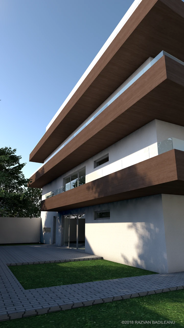 View of the ground floor apartment terrace for the Liliacului Apartment Building project