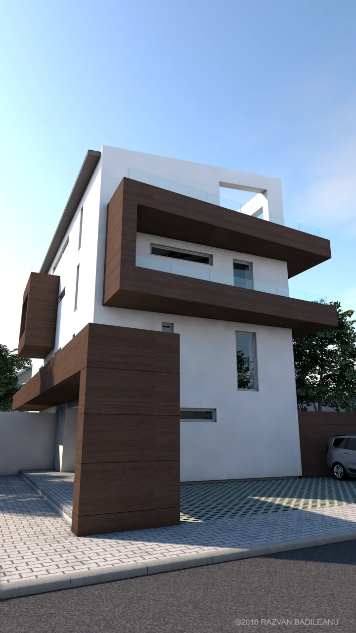 Exterior perspective facing the main building access at Liliacului Apartment Building