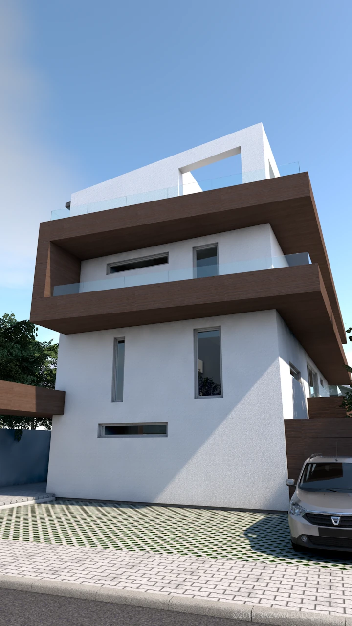 Low angle render featuring large balconies with Trespa type finish and glass railing at Liliacului Apartment Building