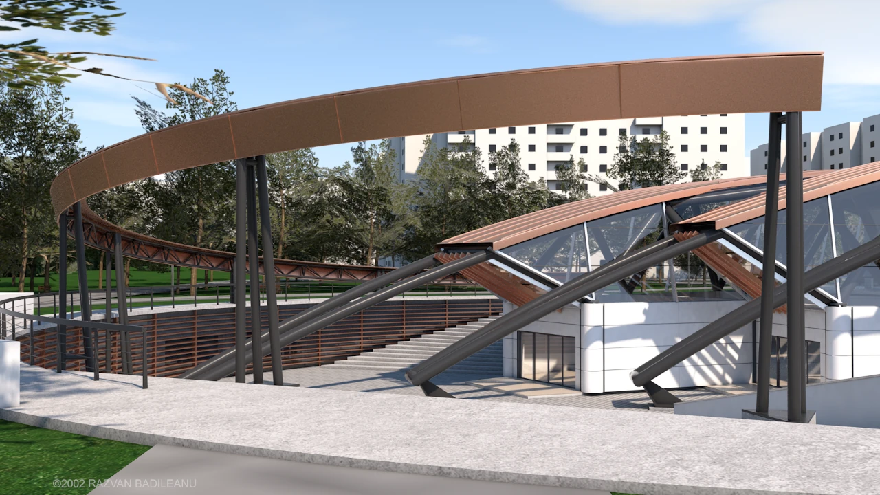 Commercial center architecture render - main entrance access view of the Multiplex Mall building