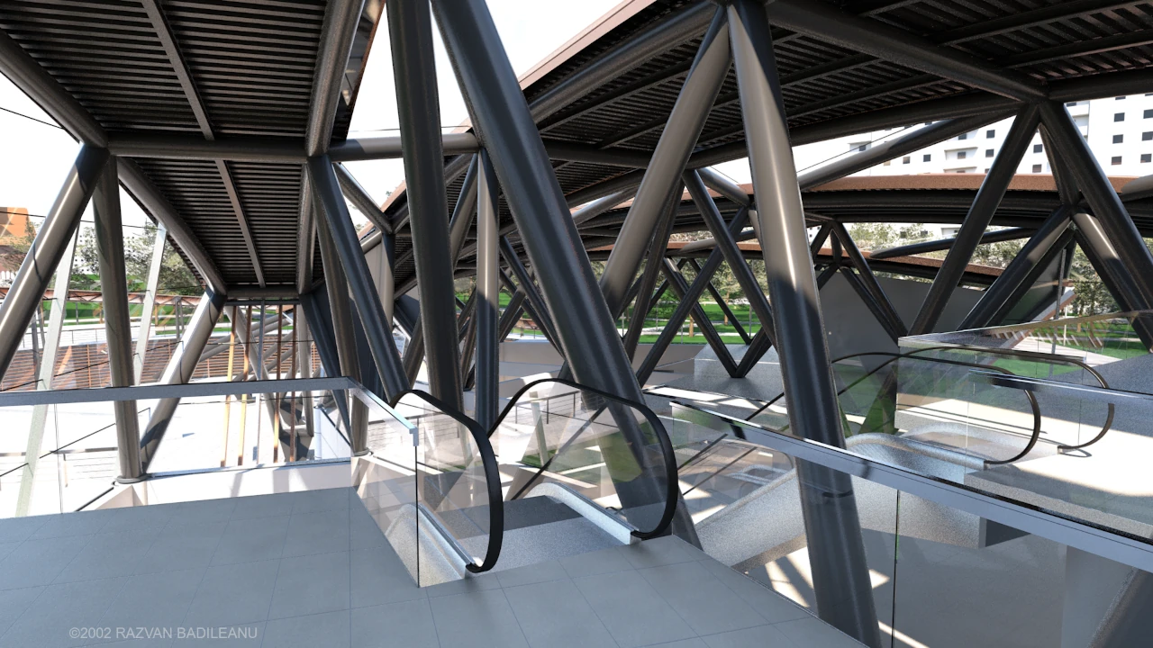 Multiplex Mall PD interior design - upper floors perspective with escalators and tubular metal structural framework