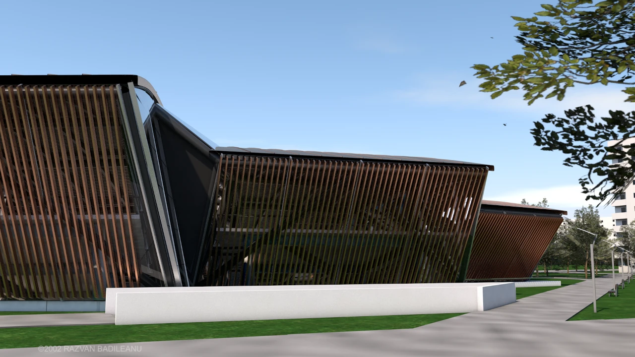 Multiplex Mall PD project - rear view of the facade with brise-soleil louvers and garage access area