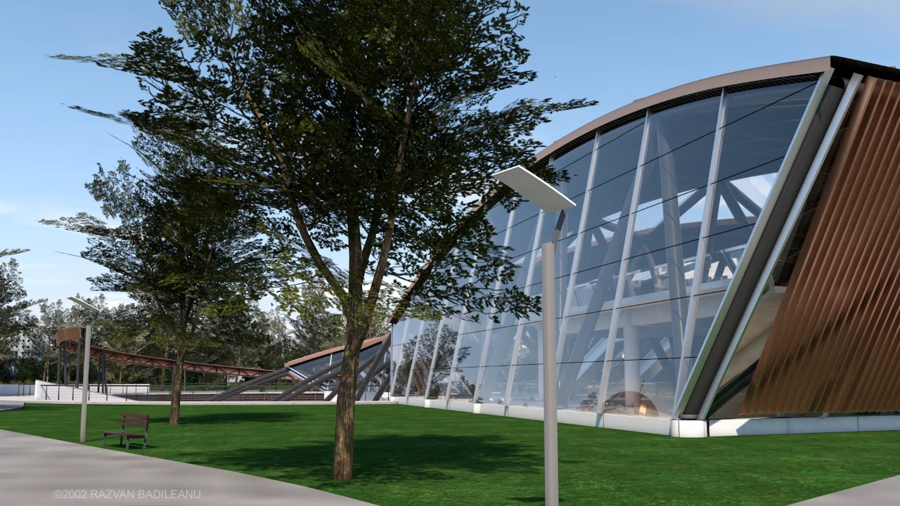 Multiplex Mall PD 3D model - street view featuring the inclined glass side facade