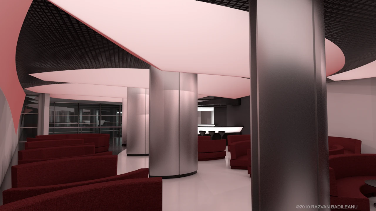 3D render of Bar Wave - lounge area view with spacious sofas and fluid ambiance