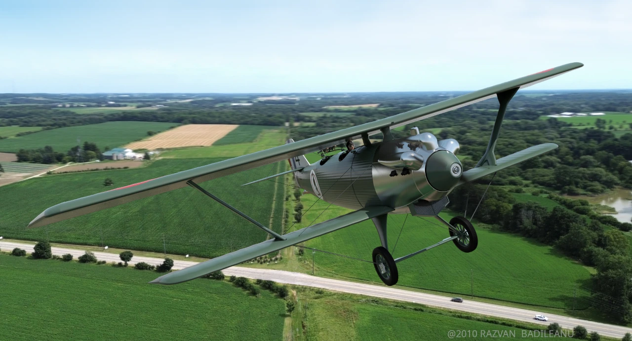 Vedere din stanga fata a biplanului Breguet 19 în zbor, prezentând structura sa cu aripi duble și motorul frontal vizibil.