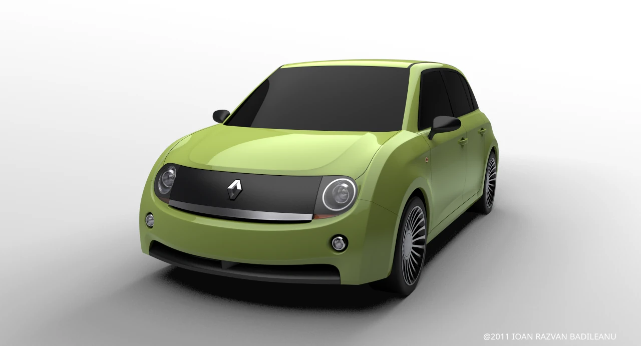 Vedere frontala cu grila neagra si doua faruri circulare a masinii R4EVER